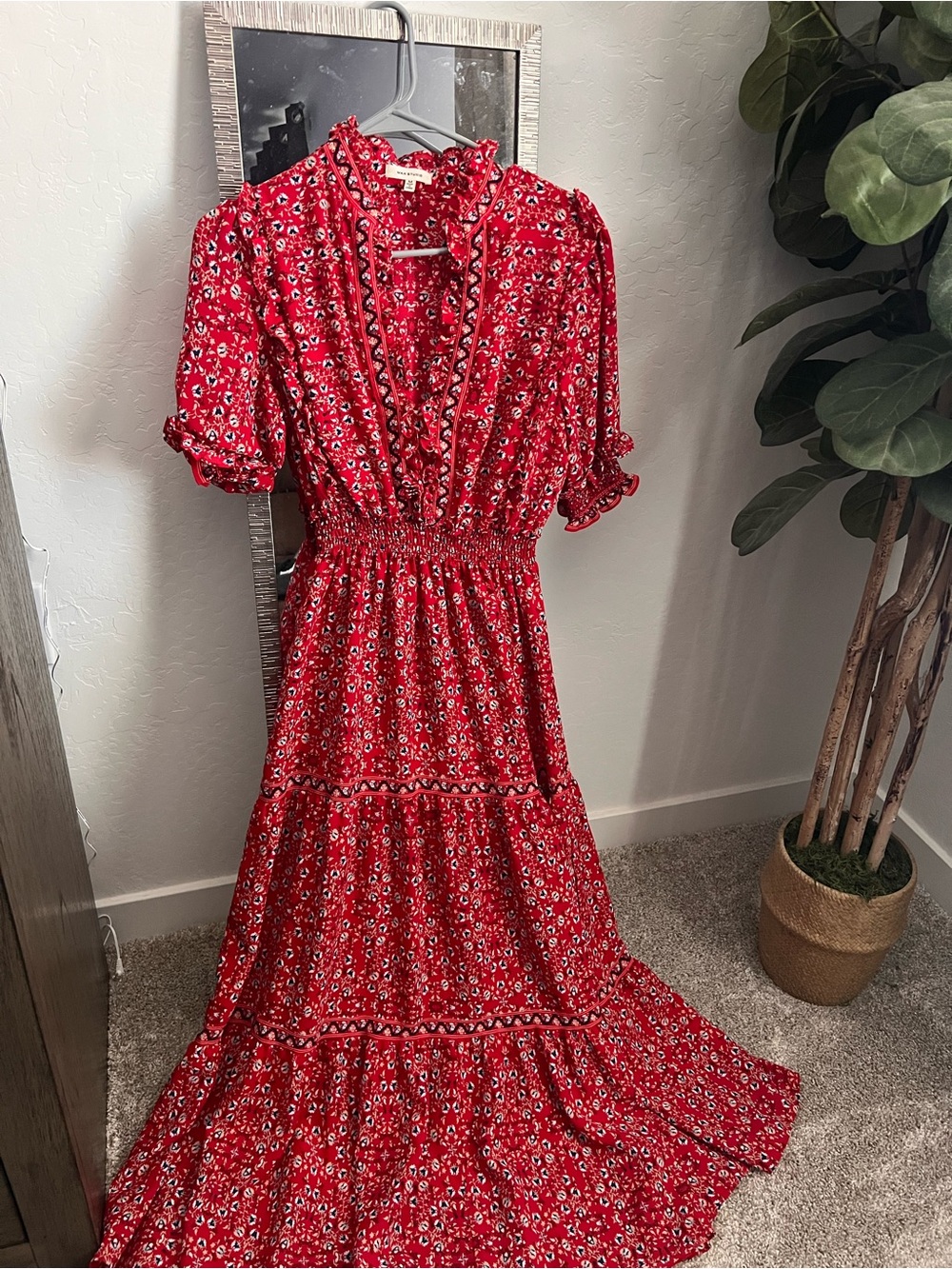 Max Studio Red Floral Ruffle-Trim Maxi Dress